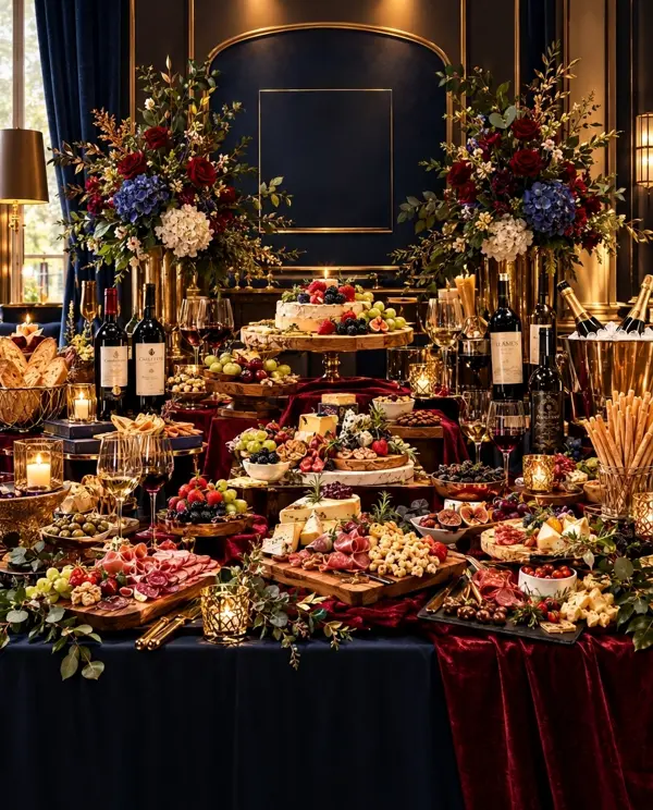 A candlelit grazing table draped in deep red velvet, with tiered cheese and charcuterie boards, fruit, red wine and champagne on ice