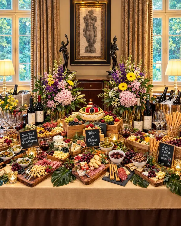 A grand grazing table of charcuterie boards, cheeses, fruit and wine beneath tall floral arrangements, with "Good Food, Good Wine, Great Company" chalkboard signs
