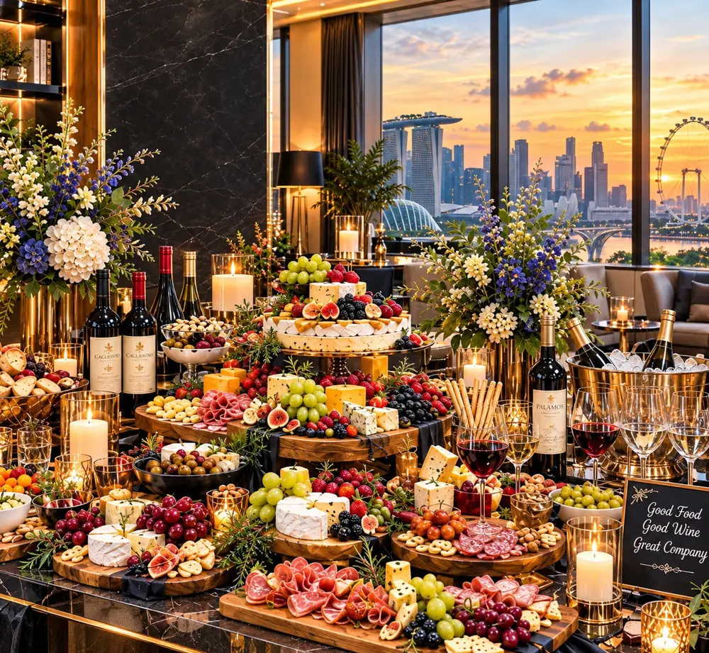 A wide view of a candlelit grazing table of cheeses, figs, cured meats and wine, with the Singapore skyline and Marina Bay Sands at sunset through the windows